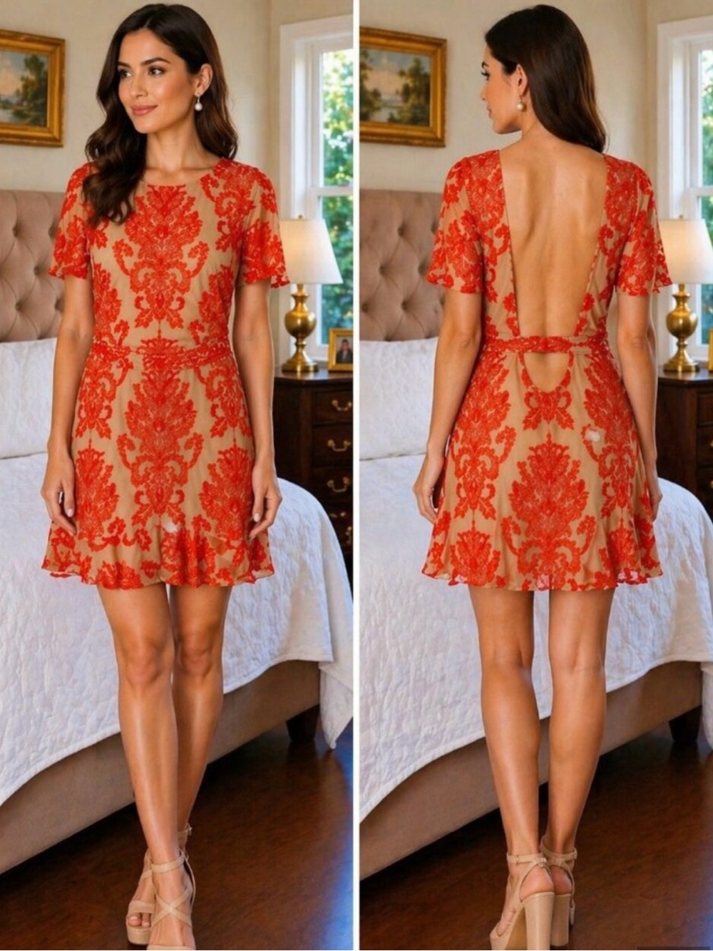 For Love and Lemons San Marcos Red Lace Overlay Mini Dress with Open Back L